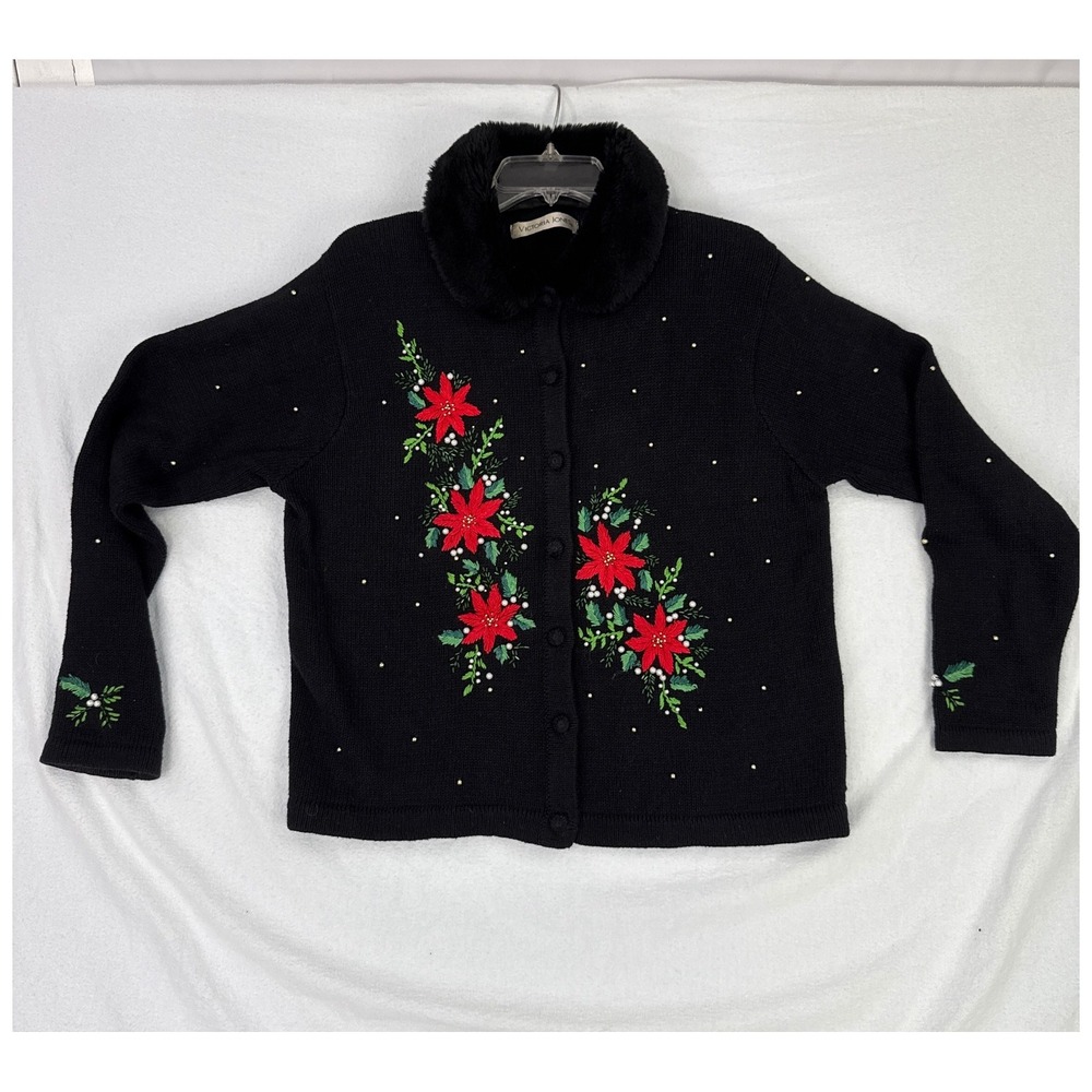 Victoria Jones Holiday Poinsettia Cardigan‎ Sweater Faux Fur Collar Christmas